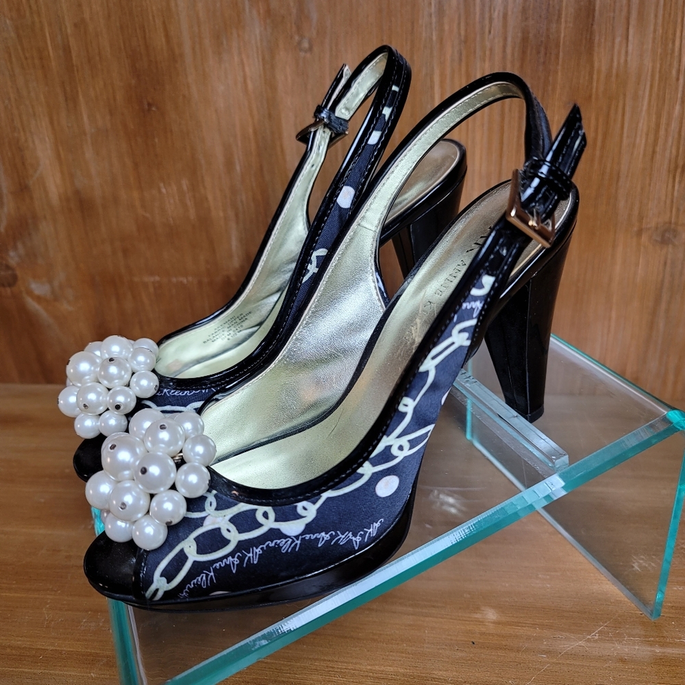 AK Anne Klein platform sling back pearl embellished open toe high heel